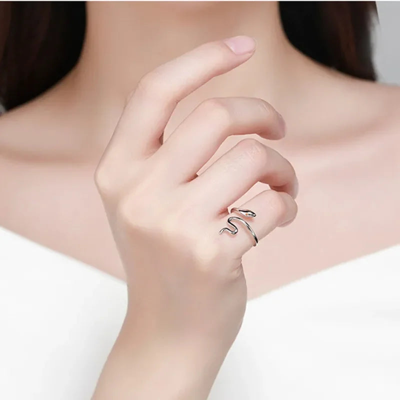 Stereoscopic New Retro Punk Exaggerate Snake Ring 925 sterling silver Opening Rings Adjustable Jewelry