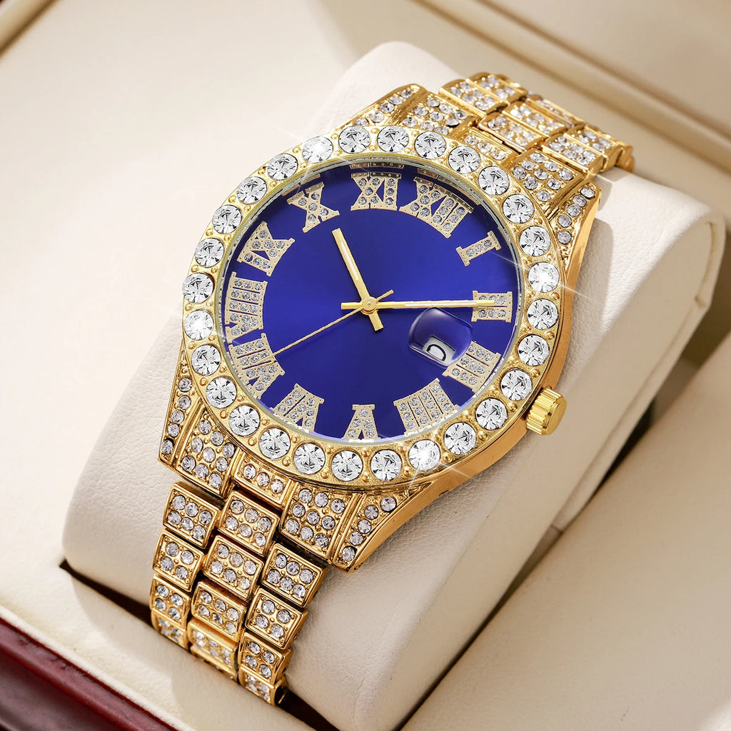Luxury Full Diamond Men Calendar Quartz Watch Fashion Stainless Steel Band Male Quartz Wristwatches Date Clock Reloj Hombre