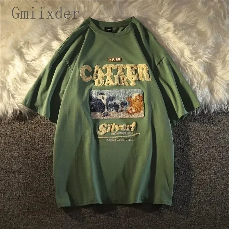 Cotton Oversize Flocking Tees American Ancient Calf Short Sleeve Shirt Men Women Summer Vintage Letter Streetwear Top
