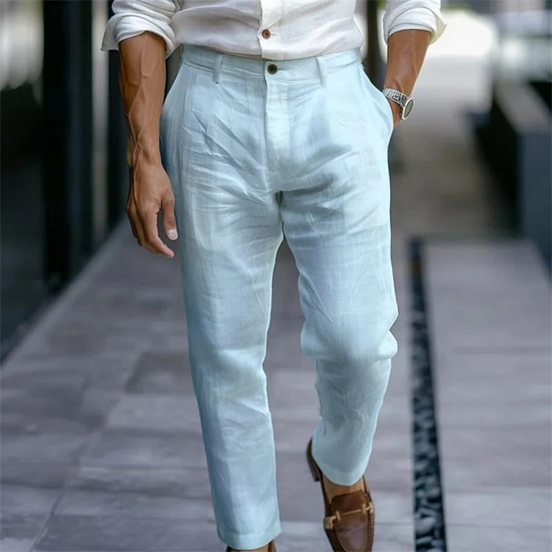 2025 Men's Stand Pocket LInen Beach Pants Solid White Trouser Plus Size Mens Casual Straight Pants Male Ankle-Length Bottoms New