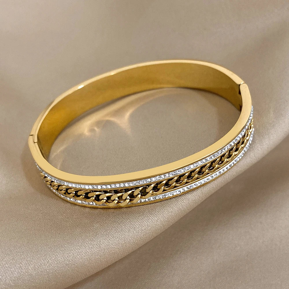 Greatera Inlaid Rhinestone Stainless Steel Zipper Bracelets Bangles for Women Fashion Gold Plated Charm Bracelet Party Jewelry