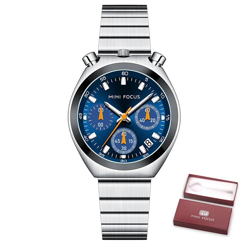 MINI FOCUS Silver Green Quartz Watch for Women Fashion Stainless Steel Band Chronograph Wristwatch with Luminous Hands Date 0491