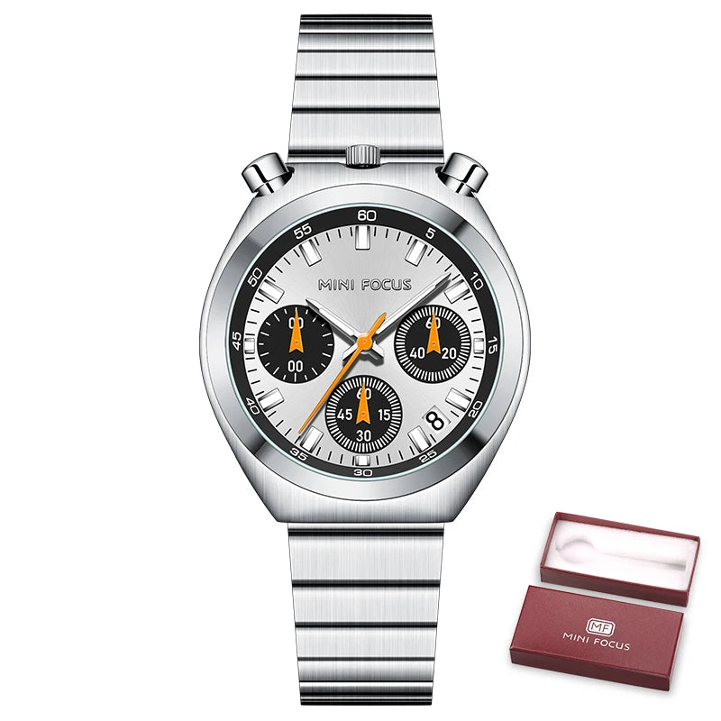 MINI FOCUS Silver Green Quartz Watch for Women Fashion Stainless Steel Band Chronograph Wristwatch with Luminous Hands Date 0491