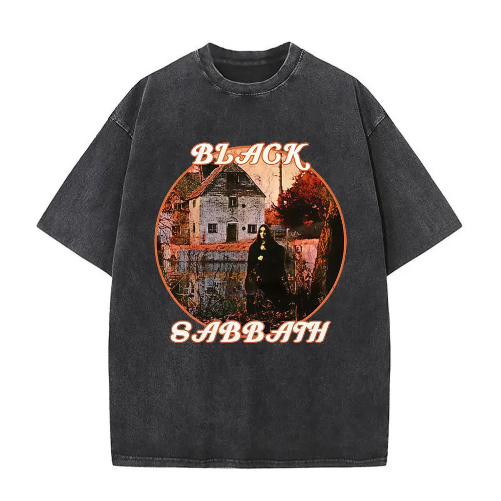 Short Sleeved Round Neck Y2k Tshirt Men Clothing New in Top & Tees Mens T-Shirt Heavy Metal Rock Band Black Sabbath Tour Washed