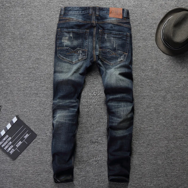Newly Fashion Designer Men Jeans Retro Green Blue Slim Fit Ripped Jeans Men Trousers Vintage Casual Cotton Denim Pants Hombre