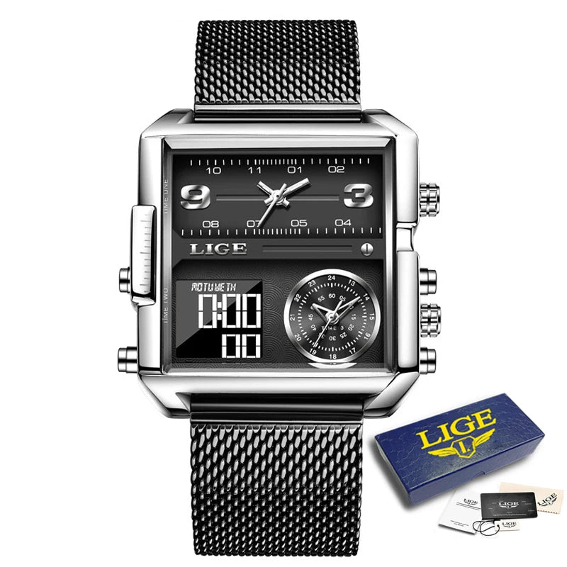 LIGE New Top Brand Luxury Fashion Men Watches Gold Steel Sports Square Digital Analog Big Quartz Watch for Man relogio masculino