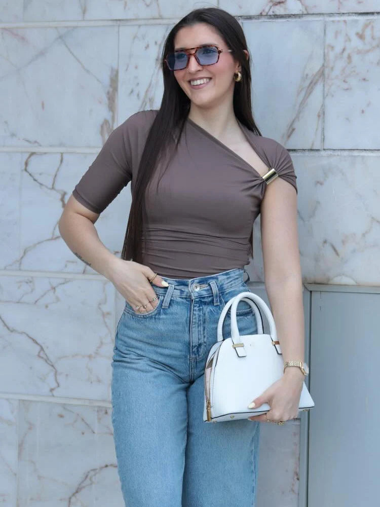 HH Vintage Women's Asymmetric Bustier Tops 2025 Female Sexy Skew Collar Off-shoulder Pleated Metal Decorate Shirt Streetwear