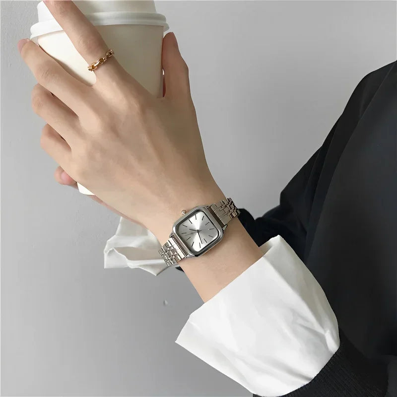 Stainless Steel Watch Women's Ins Style Simple Student Quartz Watch Casual Fashion Versatile Luxury Small Square Wristwatch