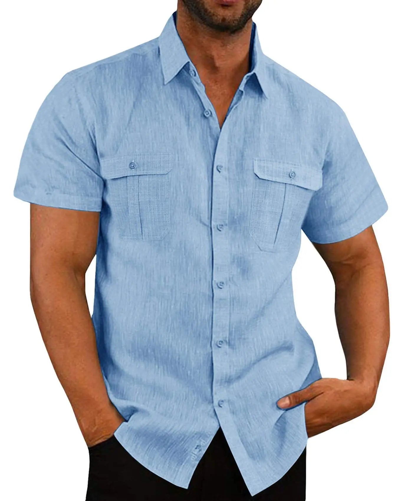 Cotton Linen Shirt Men Pocket Casual Beach Short Sleeve Solid Color Male Tops T-shirts Vintage Streetwear Comfort Casual Shirts
