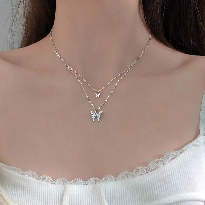 925 Sterling Silver Shiny CZ Butterfly Necklace Ladies Exquisite Double Layer Clavicle Chain Necklace Jewelry For Ladies Gift