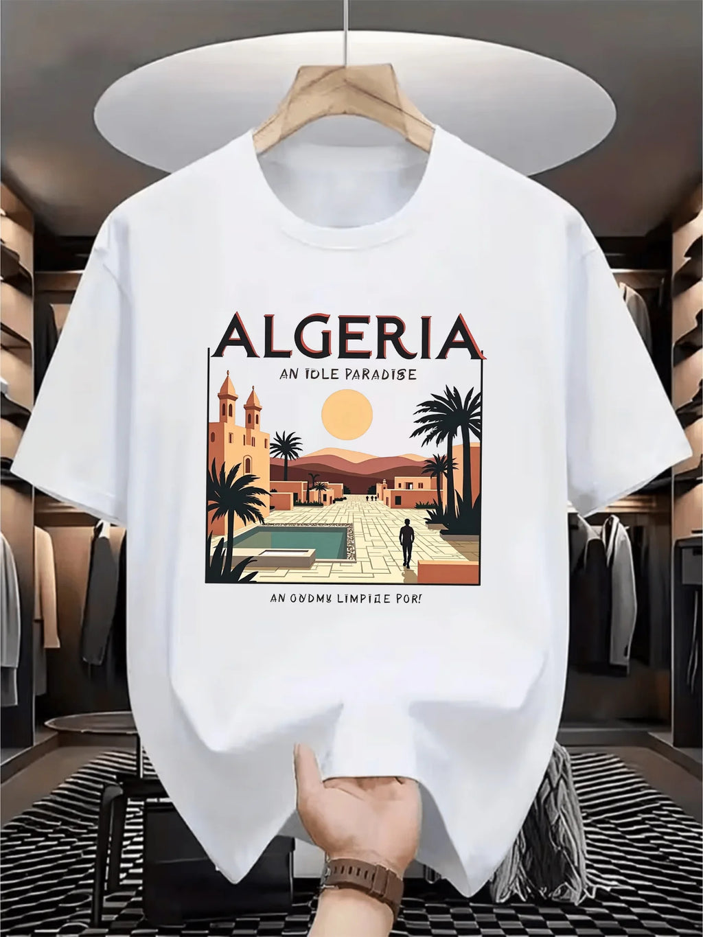 Maghreb-style Men's Summer Fashion T-shirt with The "Algeria" Logo on A Round Neck Breathable Moisture-wicking Loose-fitting Top