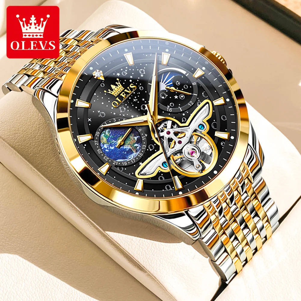 OLEVS Brand Luxury Tourbillon Mechanical Watch for Men Stainless Steel Waterproof Luminous Moon Phase Fashion Starry Sky Watches