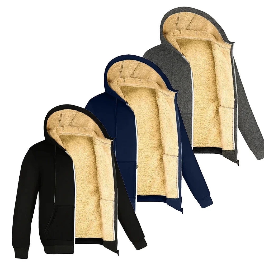 Winter Thicke Jacket Men's Lambwool Hoodies Warm Zipper Sweatshirts Loose Casual Solid Color Zip Up Jackets Long Sleeve Cardigan