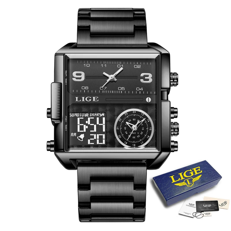 LIGE New Top Brand Luxury Fashion Men Watches Gold Steel Sports Square Digital Analog Big Quartz Watch for Man relogio masculino