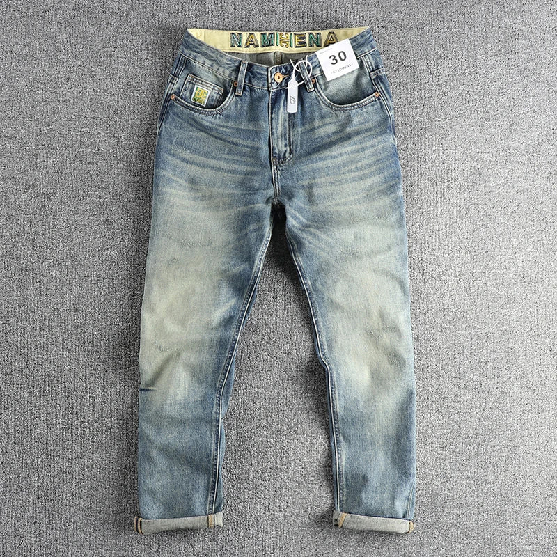 Size 40 14oz Embroidery High Street Washed Cat Whiskers Denim Jeans Men's Loose Fit Tapered Straight Versatile Pants Cityboys