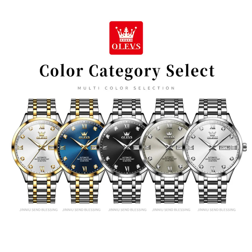 OLEVS 9946 Mens Watch Luxury Automatic Mechanical Watch Waterproof Luminous Watch For Men Date Diamond Scale Day-Date Watch