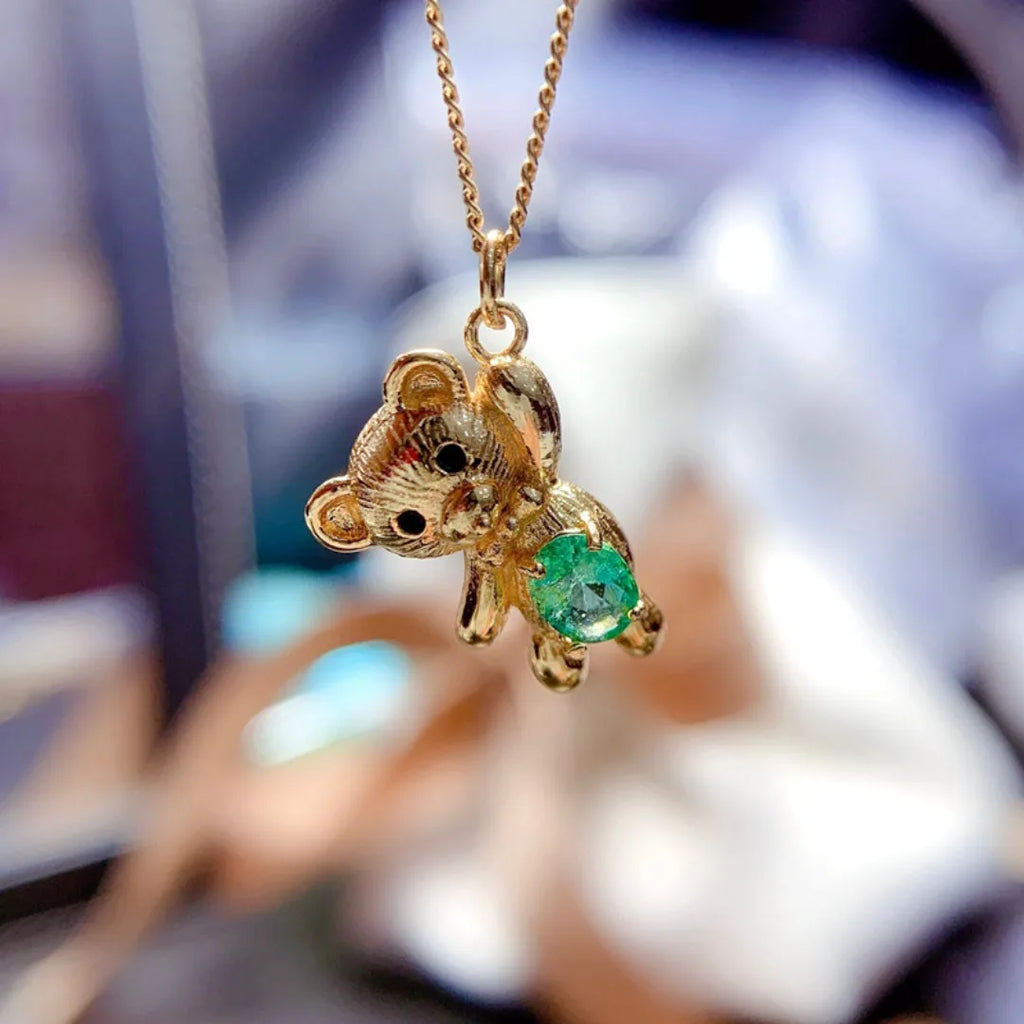 S925 Sterling Silver Natural Emerald Pendant Fashion Personality Bear Oval 4*5mm Birthday Gift for Women