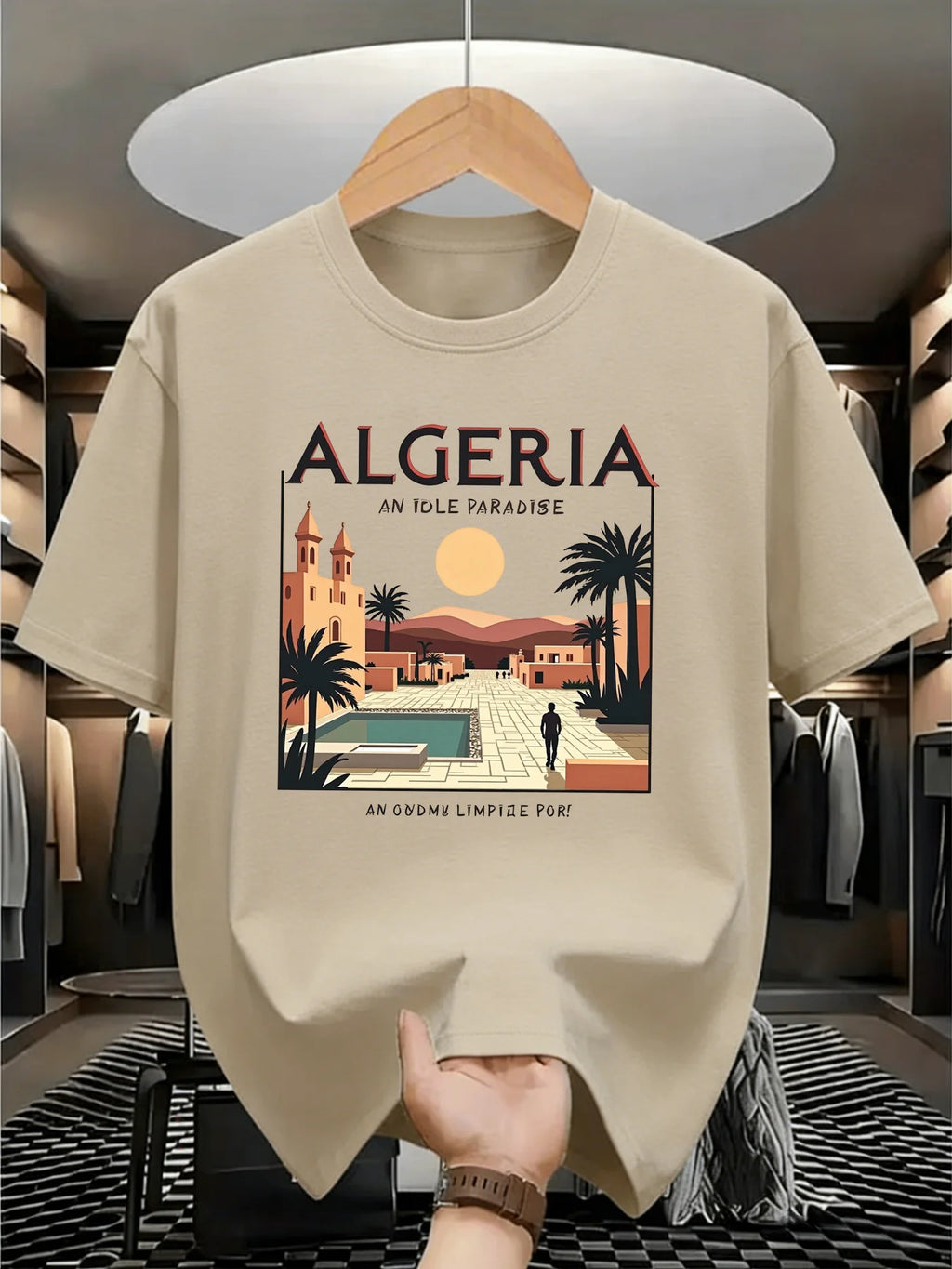 Maghreb-style Men's Summer Fashion T-shirt with The "Algeria" Logo on A Round Neck Breathable Moisture-wicking Loose-fitting Top