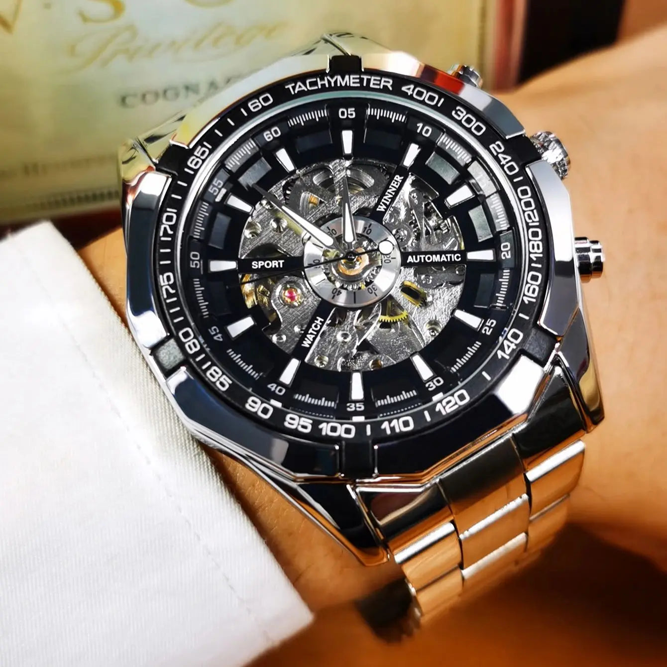 WINNER Fashion Skeleton Watch for Men Luminous Hand Classsic Mechanical Watches Stainless Steel Band Luxury Forsining Wristwatch