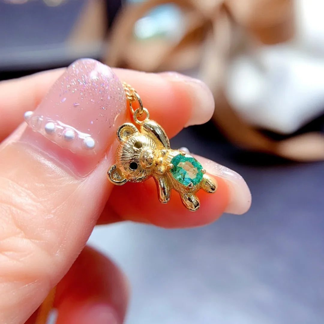 S925 Sterling Silver Natural Emerald Pendant Fashion Personality Bear Oval 4*5mm Birthday Gift for Women