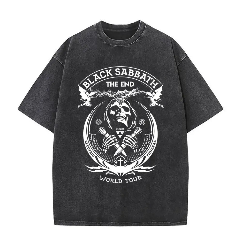Short Sleeved Round Neck Y2k Tshirt Men Clothing New in Top & Tees Mens T-Shirt Heavy Metal Rock Band Black Sabbath Tour Washed