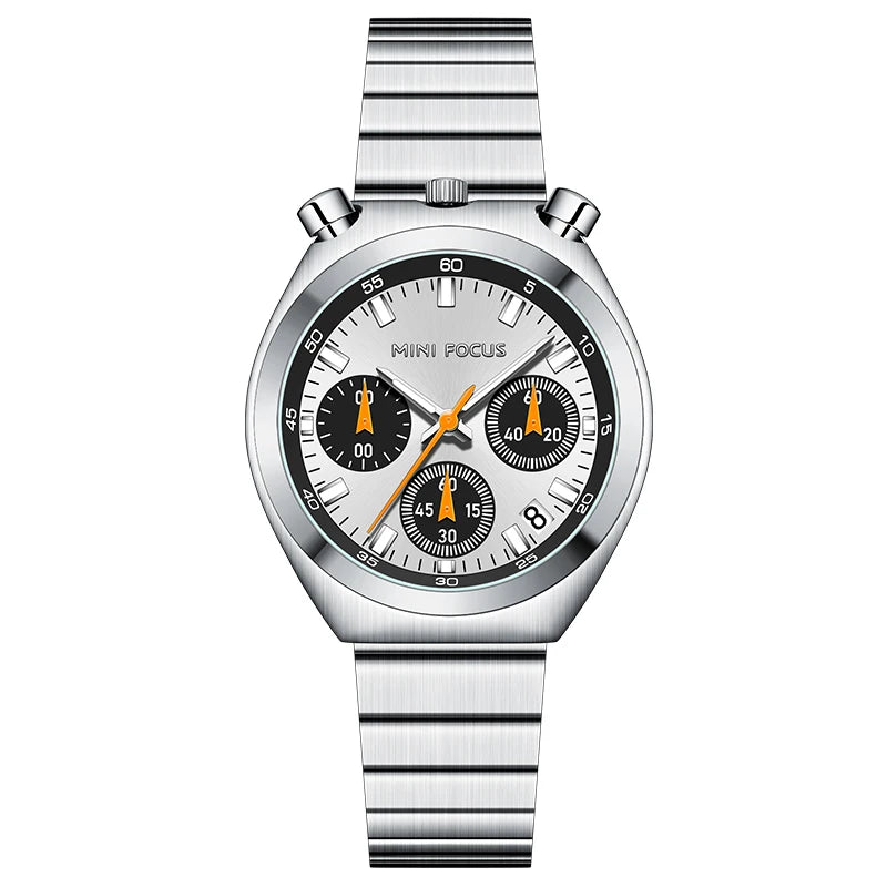 MINI FOCUS Silver Green Quartz Watch for Women Fashion Stainless Steel Band Chronograph Wristwatch with Luminous Hands Date 0491