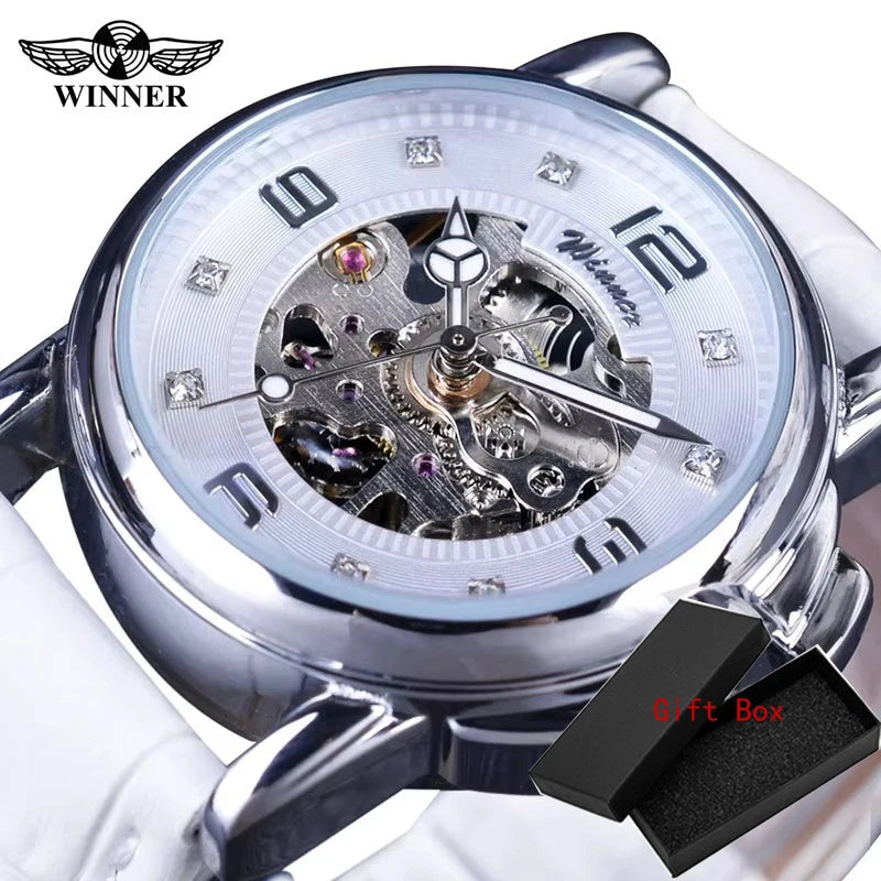 Fashion Winner Top Brand Ladies Diamond Display Women Luxury White Simple Skeleton Transparent Case Automatic Mechanical Watches