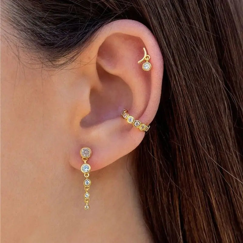 925 Sterling Silver Needle Shiny Round Zircon Pendant Hoop Earrings Exquisite Long Chain Stud Earrings Women's Fashion Jewelry
