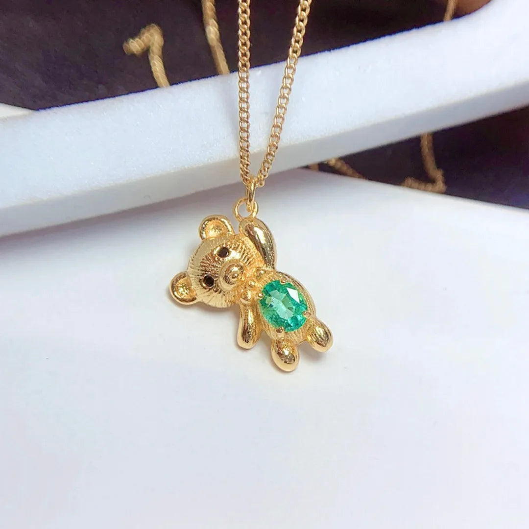 S925 Sterling Silver Natural Emerald Pendant Fashion Personality Bear Oval 4*5mm Birthday Gift for Women