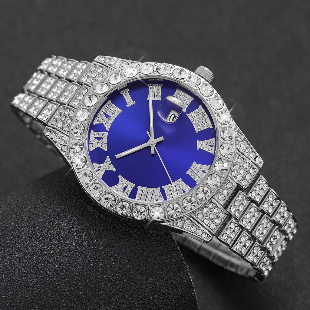 Luxury Full Diamond Men Calendar Quartz Watch Fashion Stainless Steel Band Male Quartz Wristwatches Date Clock Reloj Hombre