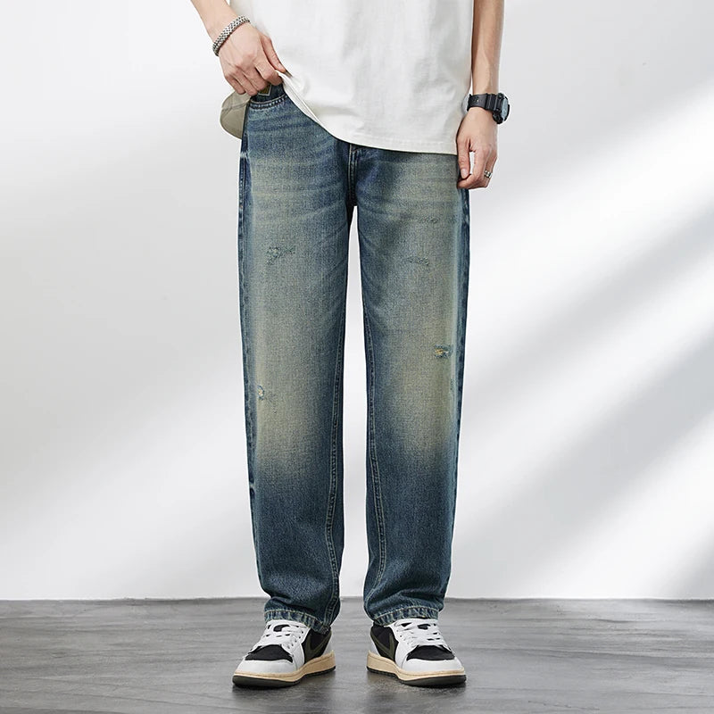 Size 40 14oz Embroidery High Street Washed Cat Whiskers Denim Jeans Men's Loose Fit Tapered Straight Versatile Pants Cityboys