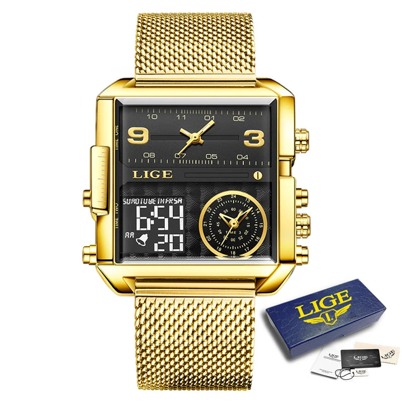LIGE New Top Brand Luxury Fashion Men Watches Gold Steel Sports Square Digital Analog Big Quartz Watch for Man relogio masculino