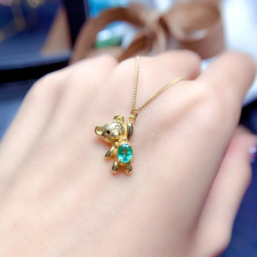 S925 Sterling Silver Natural Emerald Pendant Fashion Personality Bear Oval 4*5mm Birthday Gift for Women