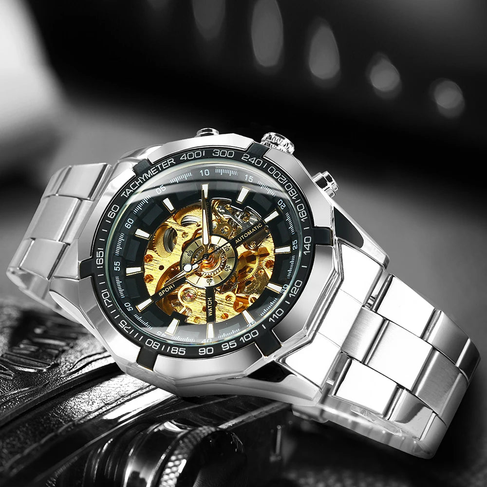 WINNER Fashion Skeleton Watch for Men Luminous Hand Classsic Mechanical Watches Stainless Steel Band Luxury Forsining Wristwatch