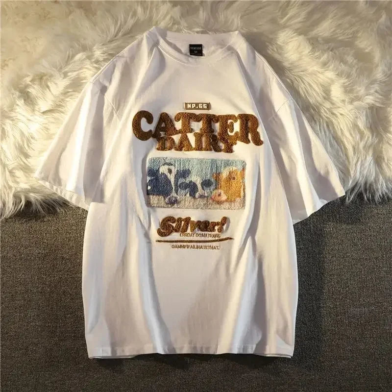 Cotton Oversize Flocking Tees American Ancient Calf Short Sleeve Shirt Men Women Summer Vintage Letter Streetwear Top