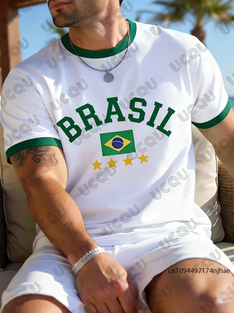 Summer New Brazilian Flag 3D Printed Large-sized Men's T-shirt Is Loose and Comfortable, Suitable for Outdoor Wear