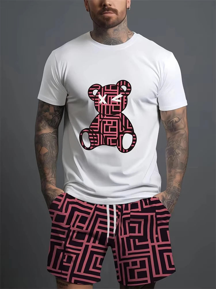2025 Summer Daily Casual Men's Set Outdoor Sports Men's Beach Shorts Urban Fashion Bear Print Men's Short Sleeve T-shirt Lightwe