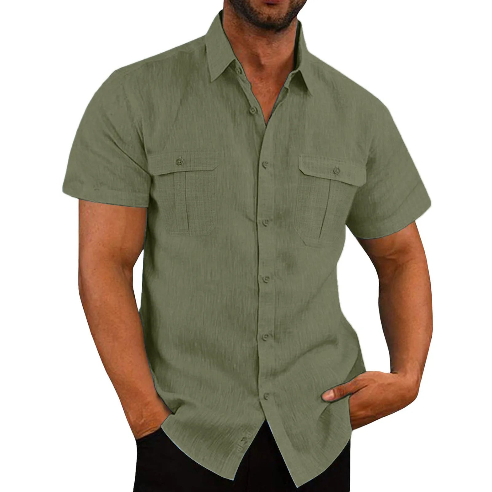 Cotton Linen Shirt Men Pocket Casual Beach Short Sleeve Solid Color Male Tops T-shirts Vintage Streetwear Comfort Casual Shirts