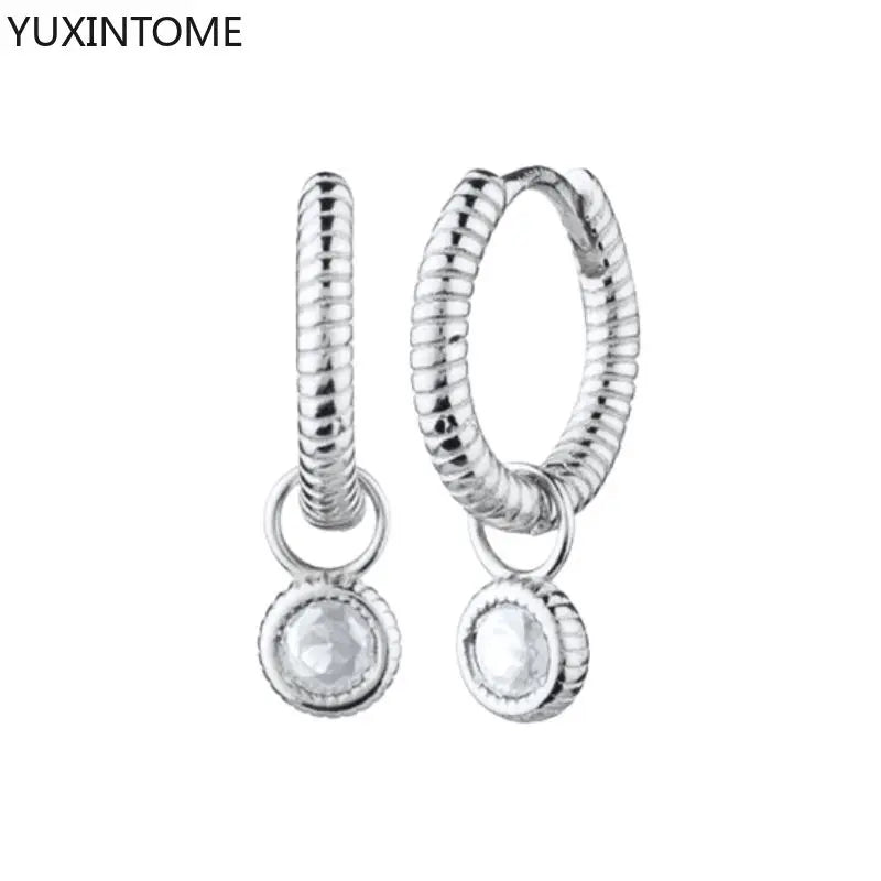 925 Sterling Silver Needle Shiny Round Zircon Pendant Hoop Earrings Exquisite Long Chain Stud Earrings Women's Fashion Jewelry