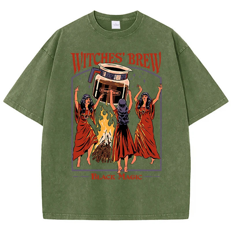 Witches Brew Coffee Black Magic Washed Retro Snow Mens T Shirt Summer Clothes Casual Tee Clothes T-Shirt Cotton Breathable Tops