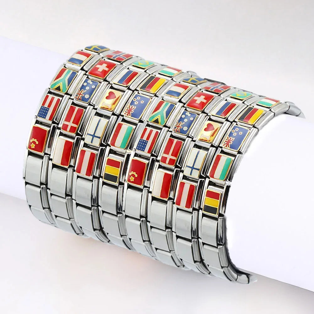 2025 New World National Flag Enamel Italian Charm Bead Fit 9mm Stianless Steel Italian Bracelet Link Hand Chain DIY Jewelry Gift