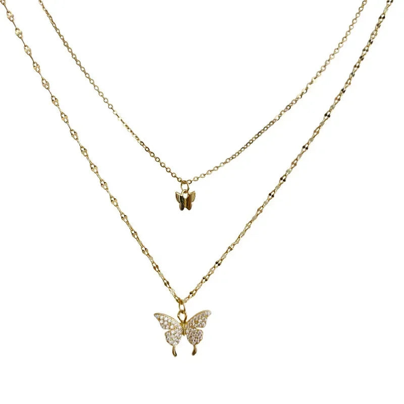 925 Sterling Silver Shiny CZ Butterfly Necklace Ladies Exquisite Double Layer Clavicle Chain Necklace Jewelry For Ladies Gift