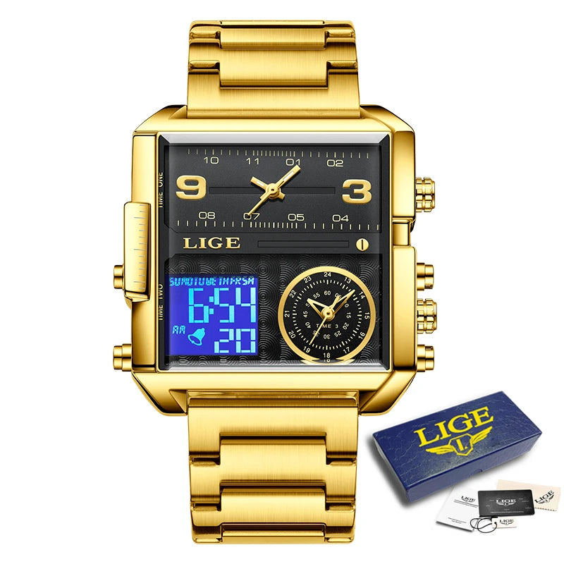 LIGE New Top Brand Luxury Fashion Men Watches Gold Steel Sports Square Digital Analog Big Quartz Watch for Man relogio masculino