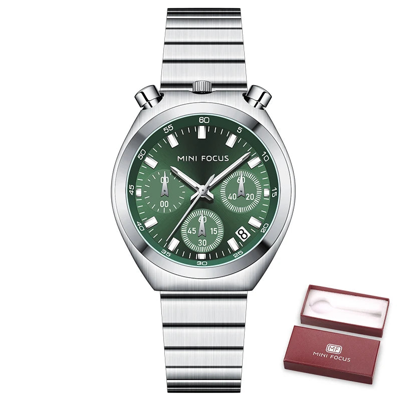 MINI FOCUS Silver Green Quartz Watch for Women Fashion Stainless Steel Band Chronograph Wristwatch with Luminous Hands Date 0491