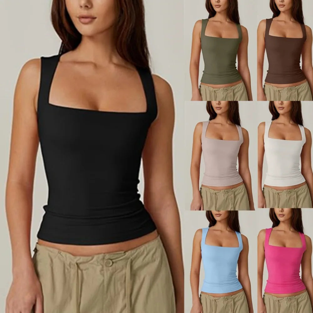 2025 Summer Women's Square Neck Sleeveless Double Layer Tank Top Basic Tight T-shirt Y2k  Pink Goth Tank Top Women  Crop Tops