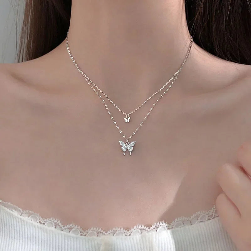 925 Sterling Silver Shiny CZ Butterfly Necklace Ladies Exquisite Double Layer Clavicle Chain Necklace Jewelry For Ladies Gift