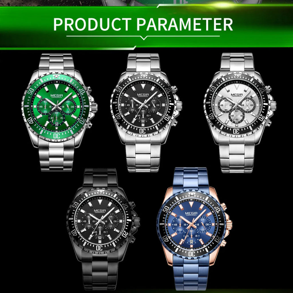 MEGIR Original Luxury Men Business Quartz Watches Stainless Steel Chronograph Military Wristwatch Clock Relogio Masculino 2064