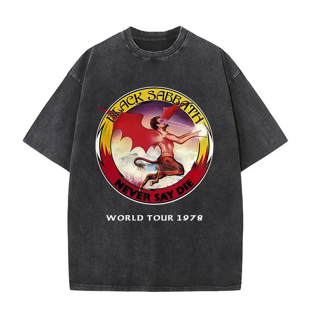 Short Sleeved Round Neck Y2k Tshirt Men Clothing New in Top & Tees Mens T-Shirt Heavy Metal Rock Band Black Sabbath Tour Washed