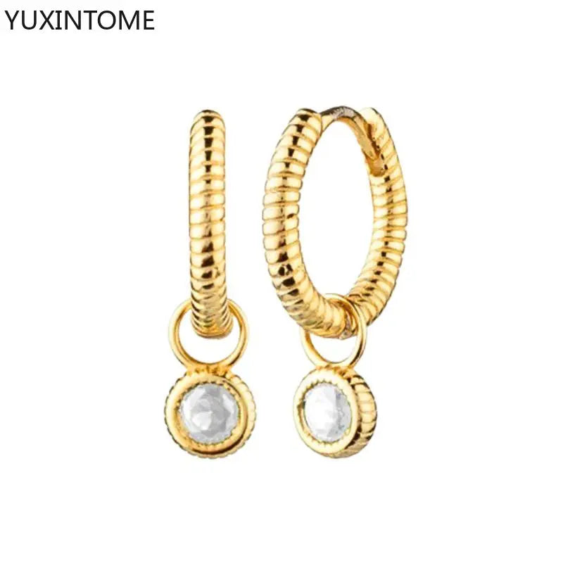 925 Sterling Silver Needle Shiny Round Zircon Pendant Hoop Earrings Exquisite Long Chain Stud Earrings Women's Fashion Jewelry