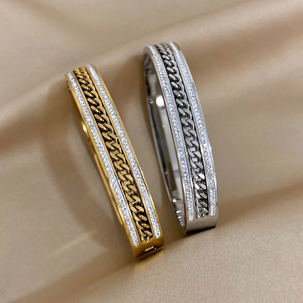 Greatera Inlaid Rhinestone Stainless Steel Zipper Bracelets Bangles for Women Fashion Gold Plated Charm Bracelet Party Jewelry